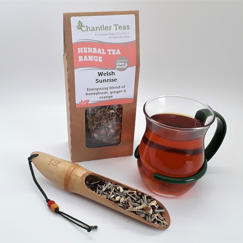 Welsh Sunrise loose leaf herbal tea, 80g Retail Box, honeybush and orange with ginger and lemongrass tea image 9