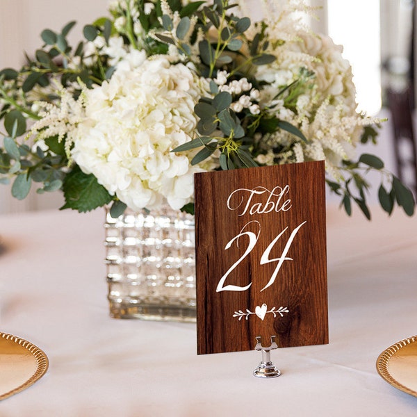 Rustic Wood Look Wedding Table Numbers 1-24 | Includes Mr + Mrs Table Cards and 2 Reserved on Card-stock with Linen Texture and Double Sided