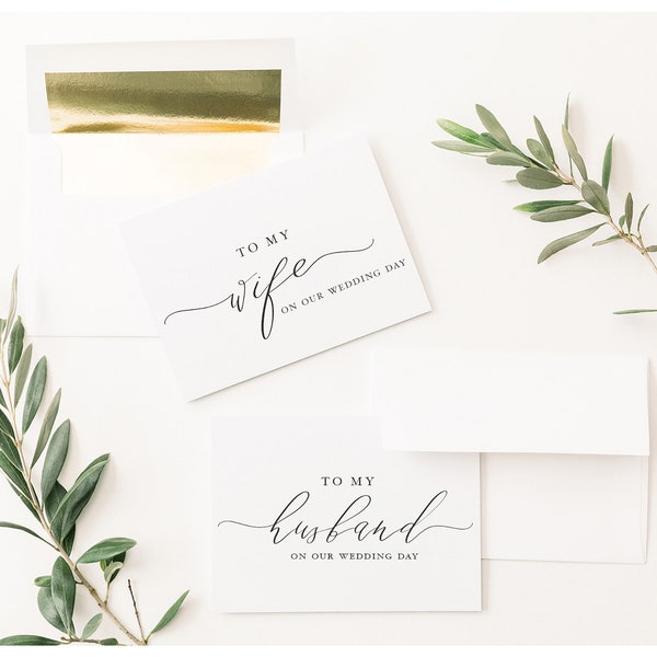 To My Husband On Our Wedding Day Card and To My Wife On Our Wedding Day Card | Includes two folded cards and two gold foil lined envelopes