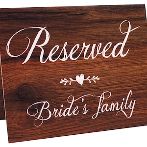 Panneaux de table réservés | Lot de 6 imitation bois réservés à la famille de la mariée, à la famille du marié et à la fête de mariage | Message recto-verso