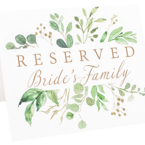 Reserviert Schilder | Set mit 6 Aquarell Eukalyptus Reserviert für Braut Familie, Bräutigam Familie und Hochzeitsfeier | Nachricht auf beiden Seiten