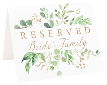 Reserved Table Signs | Set of 6 Watercolor Eucalyptus Reserved for Brides Family, Grooms Family and Wedding Party |  Message on Both Sides