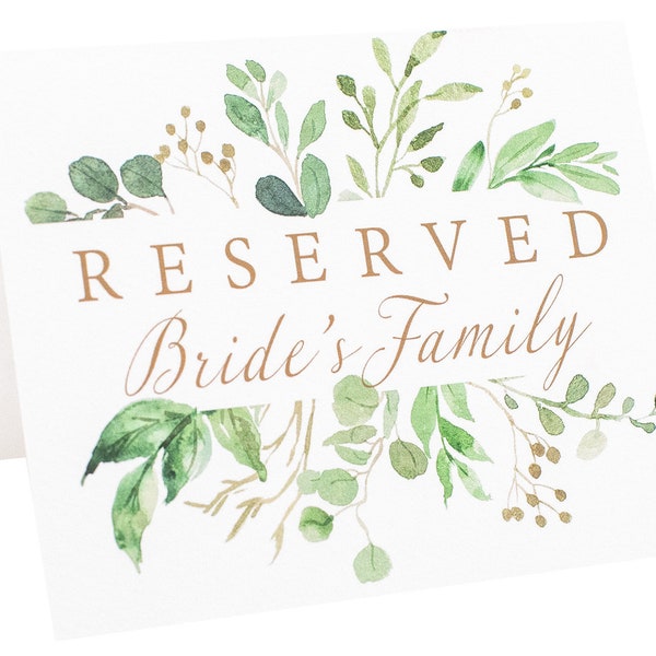 Reserved Table Signs | Set of 6 Watercolor Eucalyptus Reserved for Brides Family, Grooms Family and Wedding Party |  Message on Both Sides