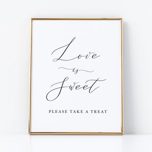 Hochzeitsgeschenk Schild - Love is Sweet Take a Treat Elegante Weißes Leinen Kartenvorrat mit schwarzem Kalligraphie Schriftzug - Rahmen nicht enthalten