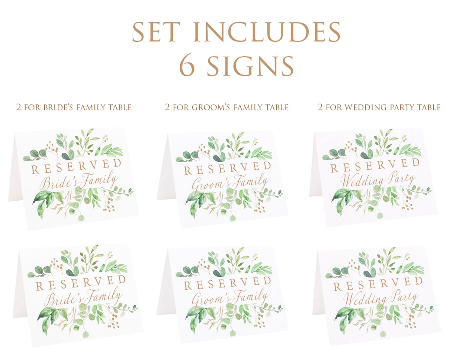 Reserved Table Signs Set of 6 Watercolor Eucalyptus Reserved for Brides Family, Grooms Family