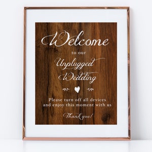 Welcome to Our Unplugged Wedding Sign for Ceremony - Wood Look Sign on Heavy Linen Card Stock - Not Framed - 8x10