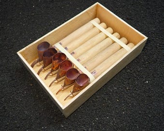 1 Set of 6 Batik Tjanting Tool Set: Copper Cups, Wood Handles, Plywood Box