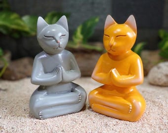 Hand Carved Wooden Meditating Cat Figurine - Available in Two Colors