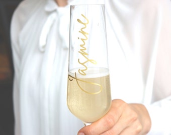 Champagne Flute Personalized Vinyl Name Stickers, Wedding Reception Custom Decor, Handwritten Calligraphy Decals