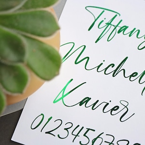 May include: A white card with the names Tiffany, Michelle, and Xavier written in green cursive script. The numbers 012345678 are also written in green cursive script.