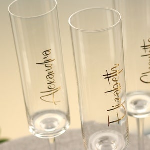 Champagnerflöte Hochzeit Gold Aufkleber, personalisierte Namensschilder, selbstklebende Vinyl-Aufkleber, Hochzeitsbevorzugung, Schriftaufkleber