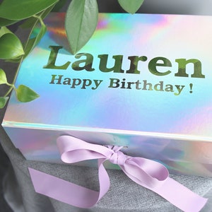 Happy Birthday Box, Personalised Gift, Present For Friend, Custom Gift Box With Lid, Holographic Gift Box