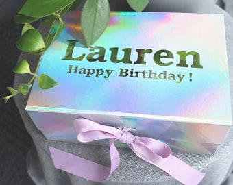 Happy Birthday Box, Personalised Gift, Present For Friend, Custom Gift Box With Lid, Holographic Gift Box