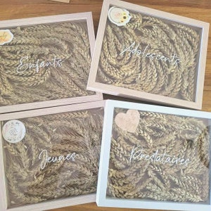 May include: Four framed shadow boxes with dried wheat stalks and white text labels. The labels read "Enfants", "Adolescents", "Jeunes", and "Prestataires".