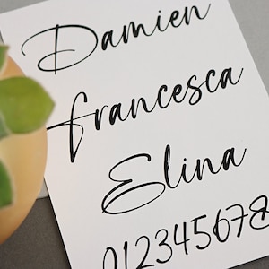 May include: A white card with the names Damien, Francesca, and Elina written in black cursive script. The numbers 0123456789 are also written in black cursive script.
