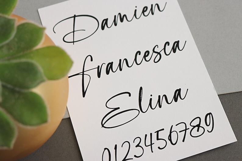 May include: A white card with the names Damien, Francesca, and Elina written in black cursive script. The numbers 0123456789 are also written in black cursive script.
