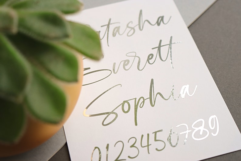 May include: A white card with the names "Natasha Everett Sophia" written in silver foil lettering. The numbers "0123456789" are also written in silver foil lettering.