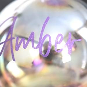 Personalised Glass Vinyl Name Sticker, Christmas Decor, Place Names, Custom Baubles Purple