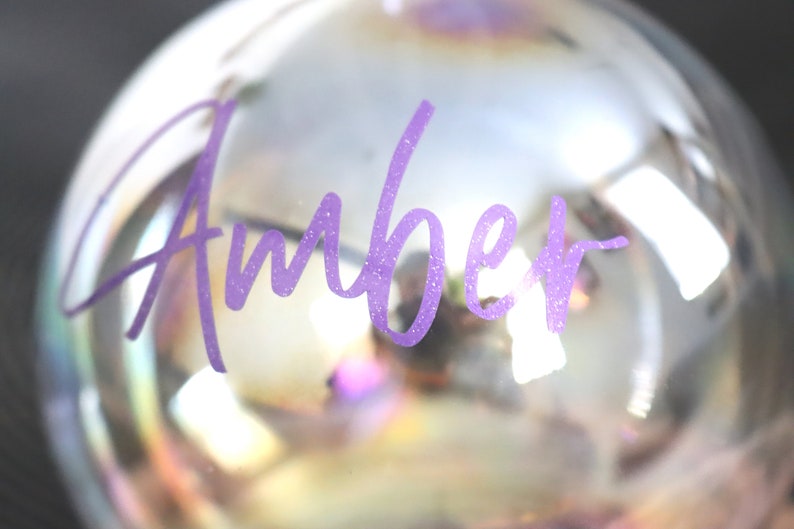 Personalised Glass Vinyl Name Sticker, Christmas Decor, Place Names, Custom Baubles Purple