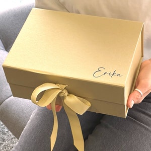 Christmas Gift Box, Empty Personalised Box, Gold Magnetic Gift Box, Custom Text Gift Box With Ribbon, Christmas Present