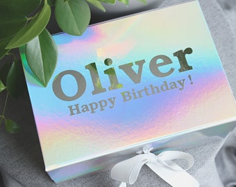 Birthday Gift Box, Custom Present, Happy Birthday, Personalised Gift For Him, Holographic Gift Box With Ribbon, Gift Box With Message