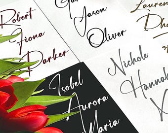 Pegatinas de vinilo caligráficas impermeables / Calcomanías personalizadas con nombre para copas de boda, bolsas de regalo y tarjetas de lugar