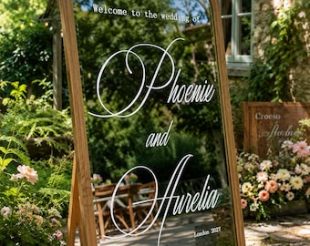 Letrero de bienvenida para bodas - Vinilo decorativo personalizado para espejo - Nombres de la pareja y fecha en caligrafía