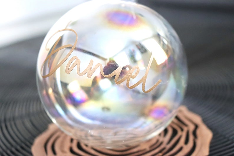 Personalised Glass Vinyl Name Sticker, Christmas Decor, Place Names, Custom Baubles Gold