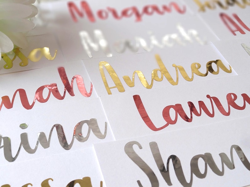 Custom Name Vinyl Decal, Name Stickers, Wedding Decor, Bridesmaid, Groom, Bride, Foil Names, Water Bottle Decal, Personalized Sticker image 1