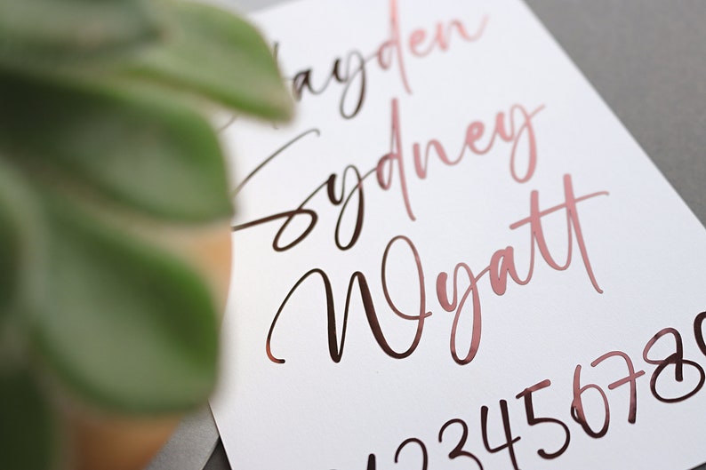 May include: A white card with the names Hayden, Sydney, and Wyatt written in cursive script in rose gold foil. The numbers 1, 2, 3, 4, 5, 6, 7, and 8 are written in black ink below the names.