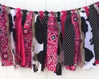 Western Fabric Banner, Cowgirl Garland, Scrappy Banner, Farm Decorations, Cowgirl Party,  Birthday Party, Photo Prop, Pink Bandana Garland