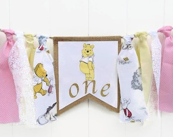 WINNIE the POOH Fabric Highchair Banner POOH 1st Birthday High Chair Bunting Disney Party  Decor  Photo Prop Smash Cake