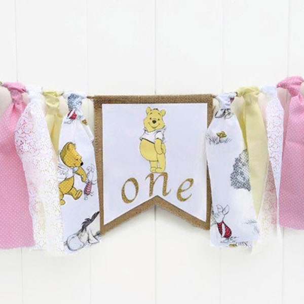 WINNIE the POOH Fabric Highchair Banner POOH 1st Birthday High Chair Bunting Disney Party  Decor  Photo Prop Smash Cake