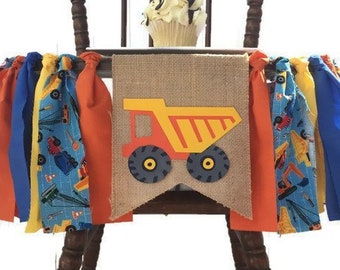 Construction Fabric Highchair Banner 1st Birthday  Dump Truck Party  Decor Photo Prop Smash Cake Bunting Construction  Banner and Flag