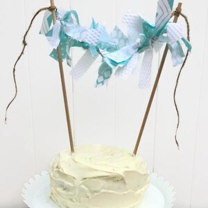 Mini Ragtie ciasto cylinder, Aqua i biały tkanina Cake banner, mini ciasto Bunting