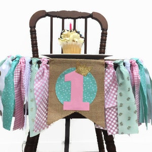 Pink Mint Gold Fabric Highchair Banner 1st Birthday High Chair Princess Party Photo Prop Smash Cake Bunting Girl Banner and Flag image 1