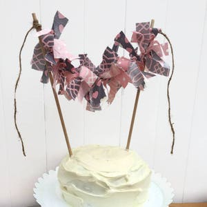 Mini Ragtie Cake Topper,Pink and Gray Cake Topper,  Fabric Cake Banner, Mini Cake Bunting, Heart Cake Banner, Shower Decor, Birthday Cake