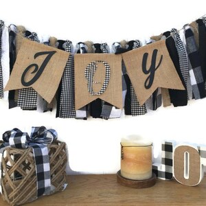 Büffel karierte Girlande, Schwarz Weiß und Burlap Scrappy Banner, Woodland Banner, Weihnachtsbanner, Holzjacke Party, Highchair Banner