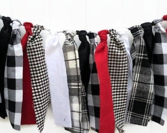 Buffalo Plaid Banner, Black, Red and White, Scrappy Banner, Birthday Banner, Baby Shower, Lumberjack Party, Rustic Christmas, Mantle Decor