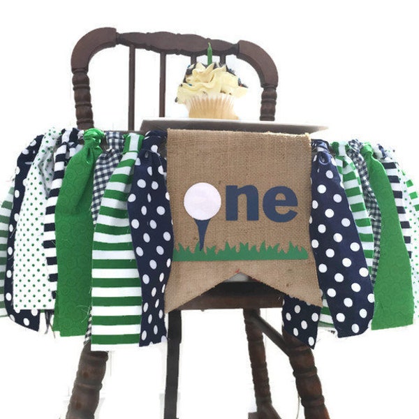 GOLF Fabric Highchair Banner 1st Birthday High Chair Golf Party  Photo Prop Smash Cake Bunting Golf Banner and Flag Blue Green and White