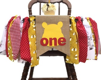 WINNIE the POOH Fabric Highchair Banner POOH 1st Birthday High Chair, Winnie Decorations, Disney Party  Decor,  Photo Prop, Smash Cake