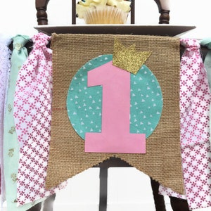 Pink Mint Gold Fabric Highchair Banner 1st Birthday High Chair Princess Party Photo Prop Smash Cake Bunting Girl Banner and Flag image 3