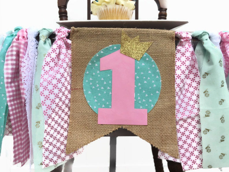 Pink Mint Gold Fabric Highchair Banner 1st Birthday High Chair Princess Party Photo Prop Smash Cake Bunting Girl Banner and Flag image 3