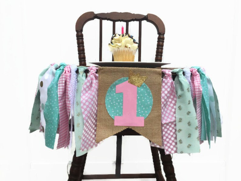 Pink Mint Gold Fabric Highchair Banner 1st Birthday High Chair Princess Party Photo Prop Smash Cake Bunting Girl Banner and Flag image 1