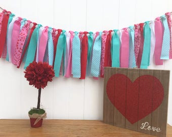 Valentine Garland, Red Pink Aqua and White, Valentine's Banner, Photo Prop, Valentines Day Banner, Valentines Decor, Valentines Party