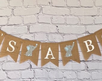 It's A Boy Burlap Banner, It's A Boy Burlap Garland, Boy Shower,  Boy Burlap Banner, Baby Boy Banner with elephant,  Gender Reveal Bunting