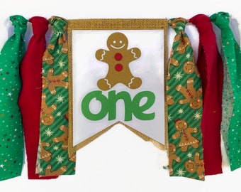 Ready to Ship CHRISTMAS Fabric Highchair Banner, Christmas 1st Birthday Gingerbread Man High Chair