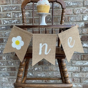 ONE Flower Banner, First Birthday Flower Banner, One Bunting, ONE Burlap Banner, One Flower highchair Banner, Hand Painted, Girl Banner