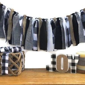 Büffel karierte Girlande, Schwarz Weiß und Burlap Scrappy Banner, Wald banner, Weihnachtsbanner, Ragtie, Lumberjack Party, Highchair Banner