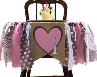 Heart Fabric Highchair Banner 1st Birthday Pink and Grey Heart Party  Decor Photo Prop Smash Cake Bunting Heart Banner and Flag